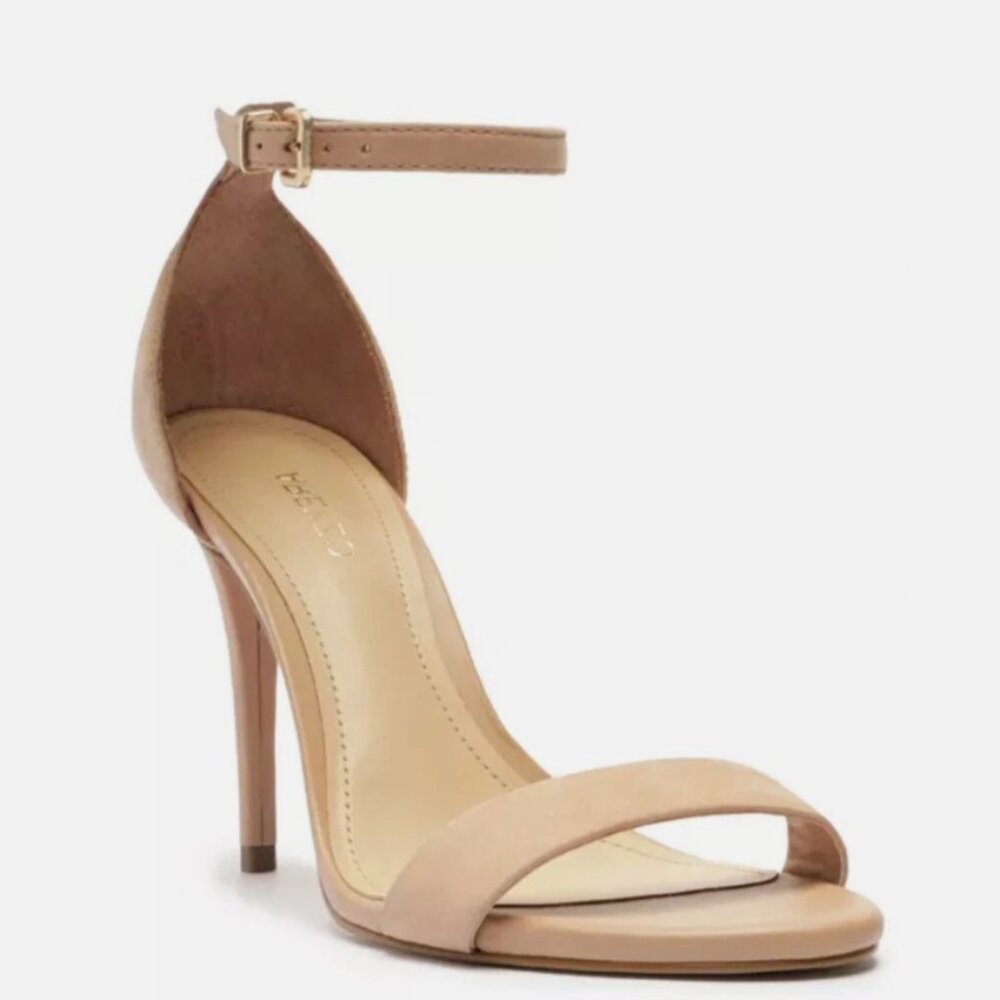 Arezzo Women's Isabelli High Heel Buckle Stiletto Sandals True Sand Nubuck  8 B